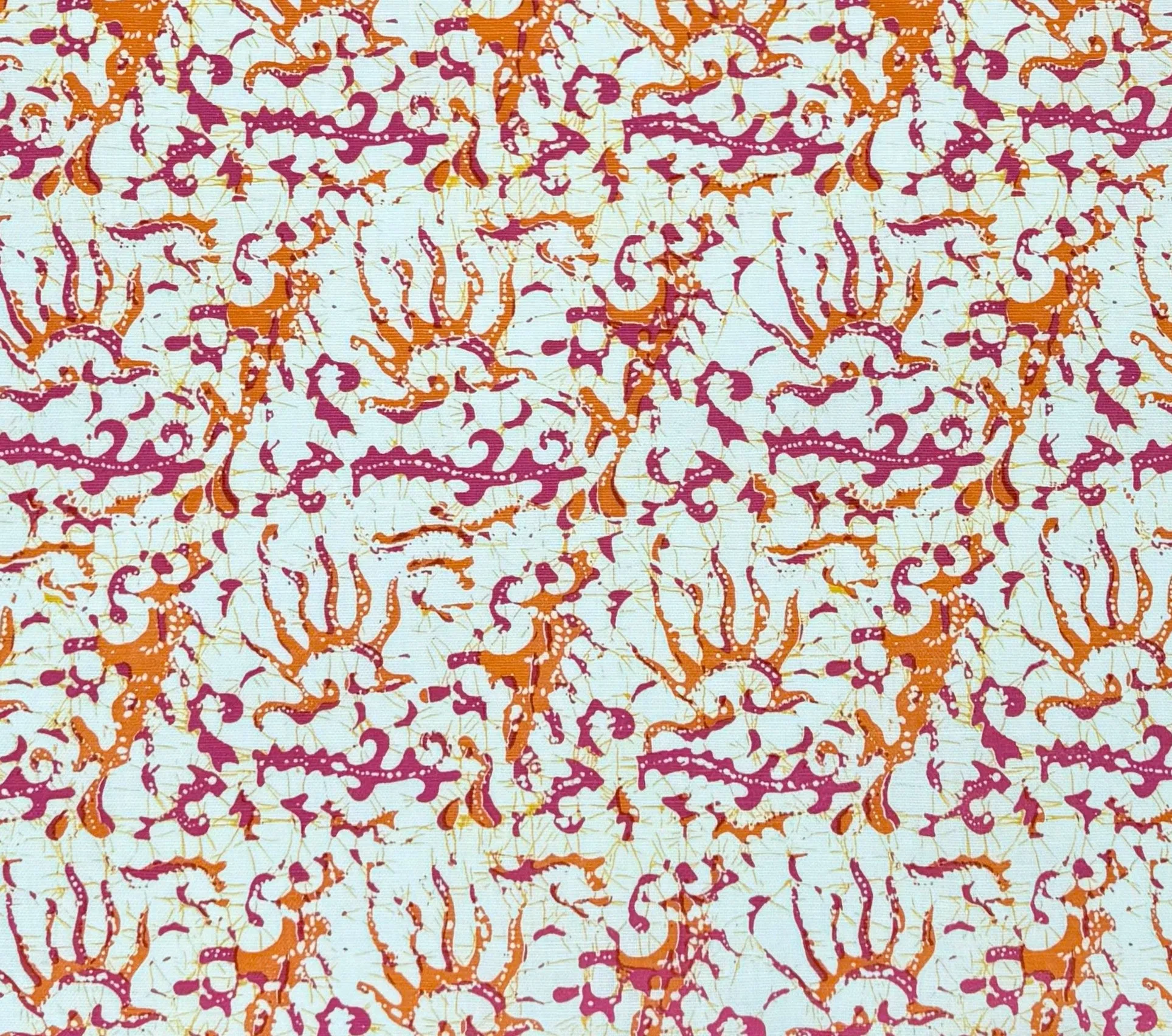 China Seas Fabric: Hulai Batik - Magenta / Orange on White Belgian Linen / Cotton