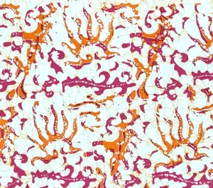 China Seas Fabric: Hulai Batik - Magenta / Orange on White Belgian Linen / Cotton