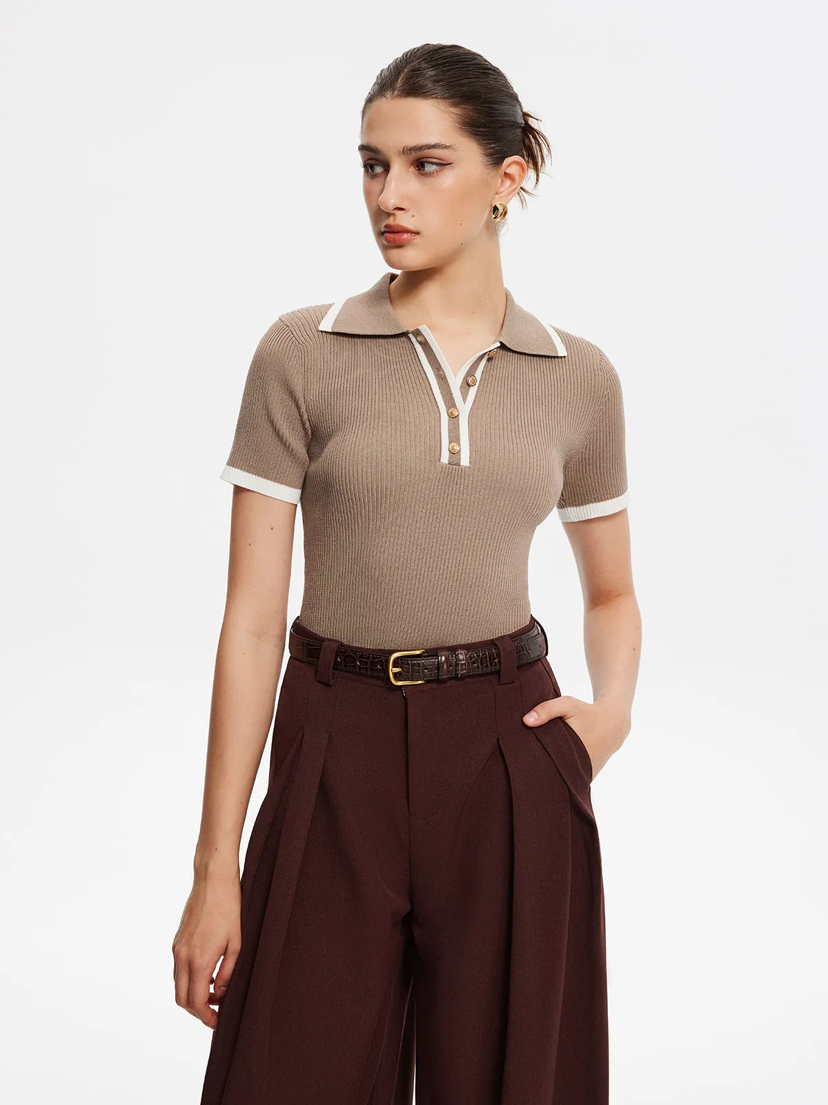 Contrast Trim Metal Button Knit Top