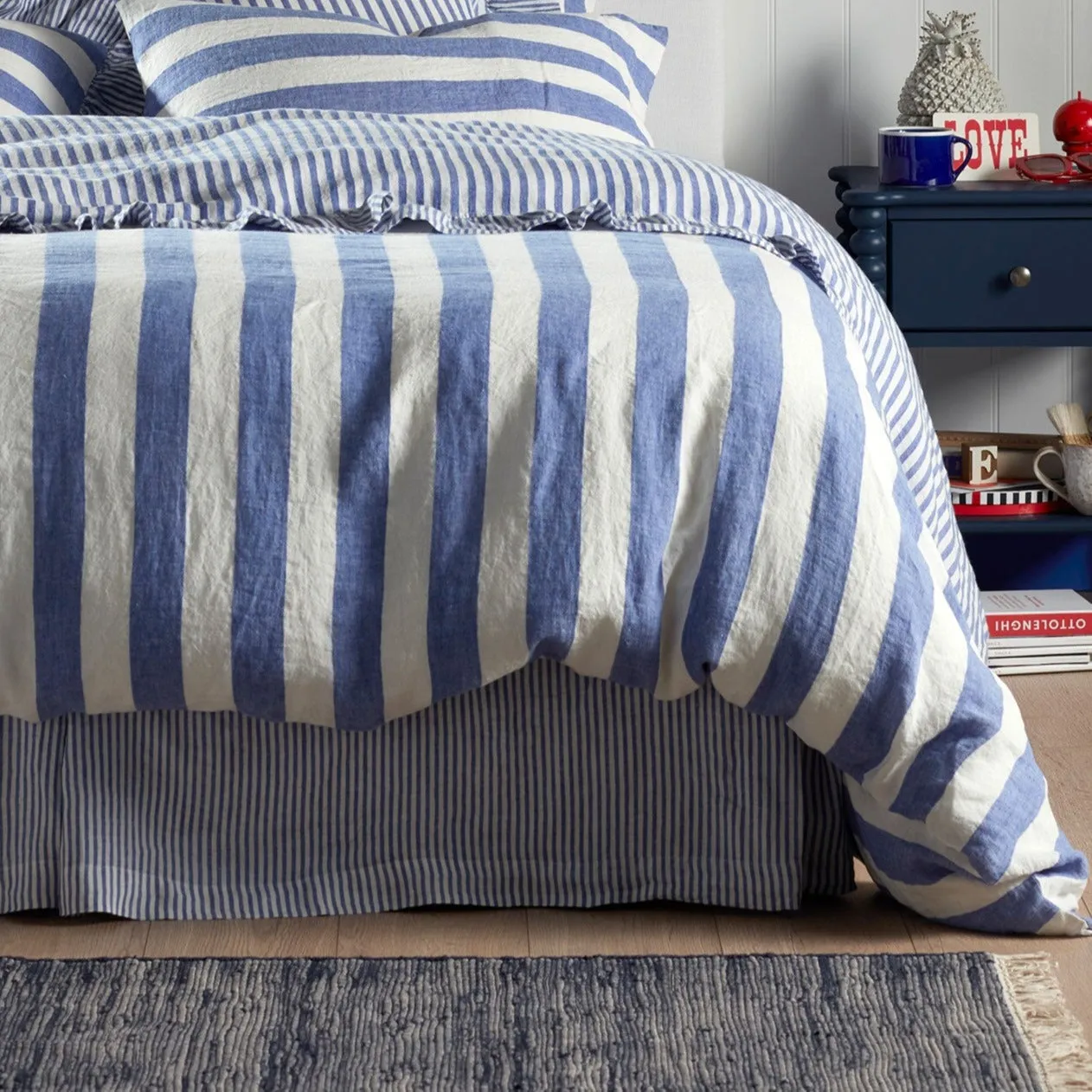 Cora Pinstripe Pure Linen Sheet Valance (Cobalt)