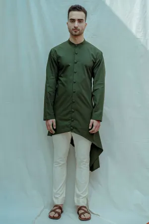Cotton X Linen - Bottle Green Front Open Kurta Set
