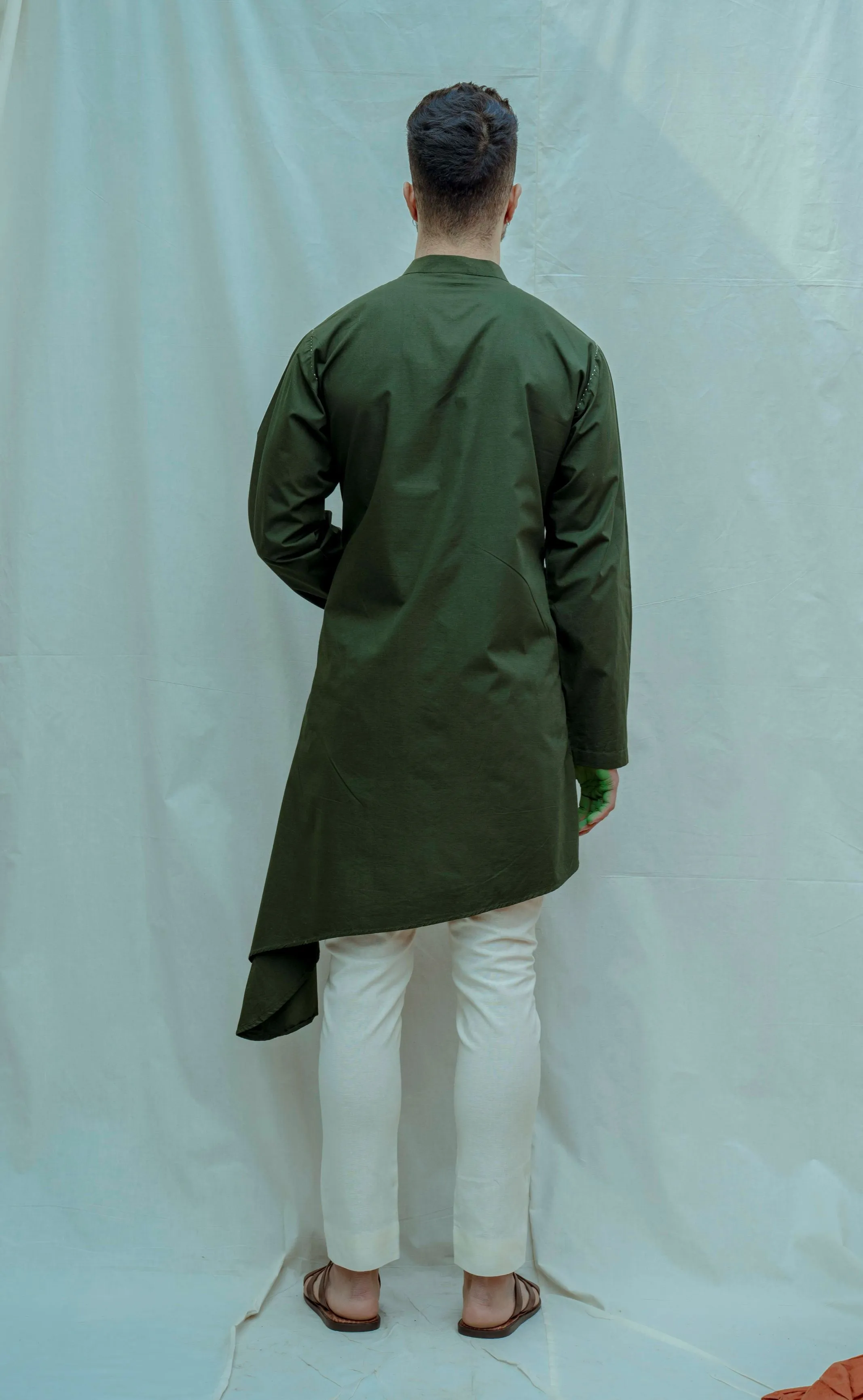 Cotton X Linen - Bottle Green Front Open Kurta Set