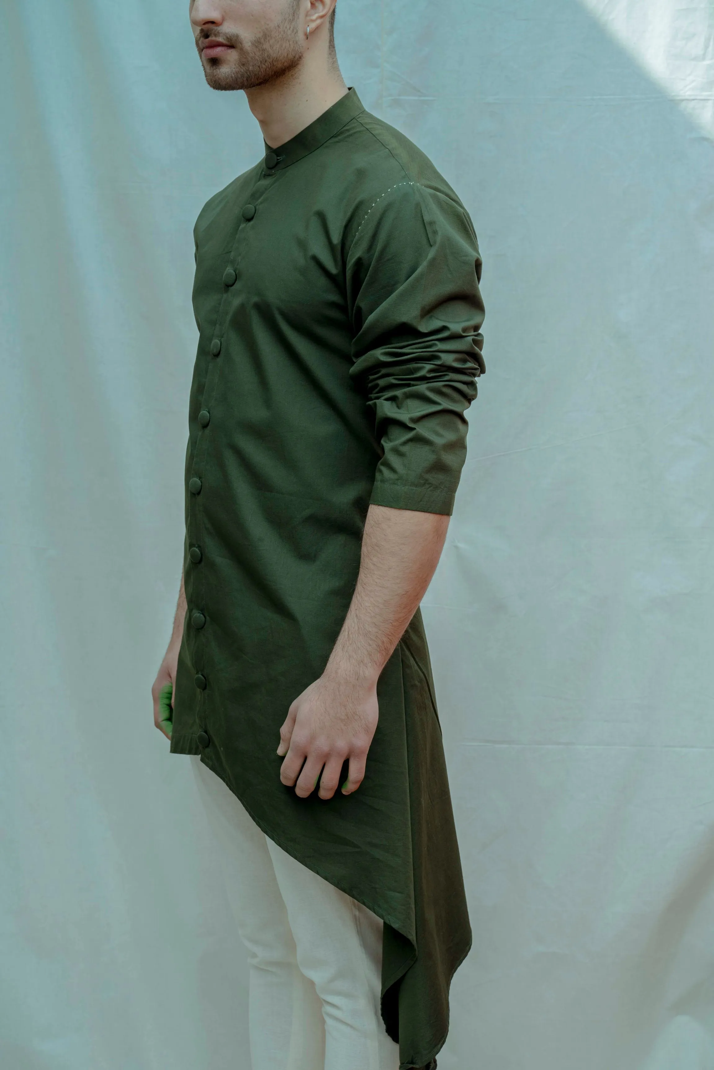 Cotton X Linen - Bottle Green Front Open Kurta Set