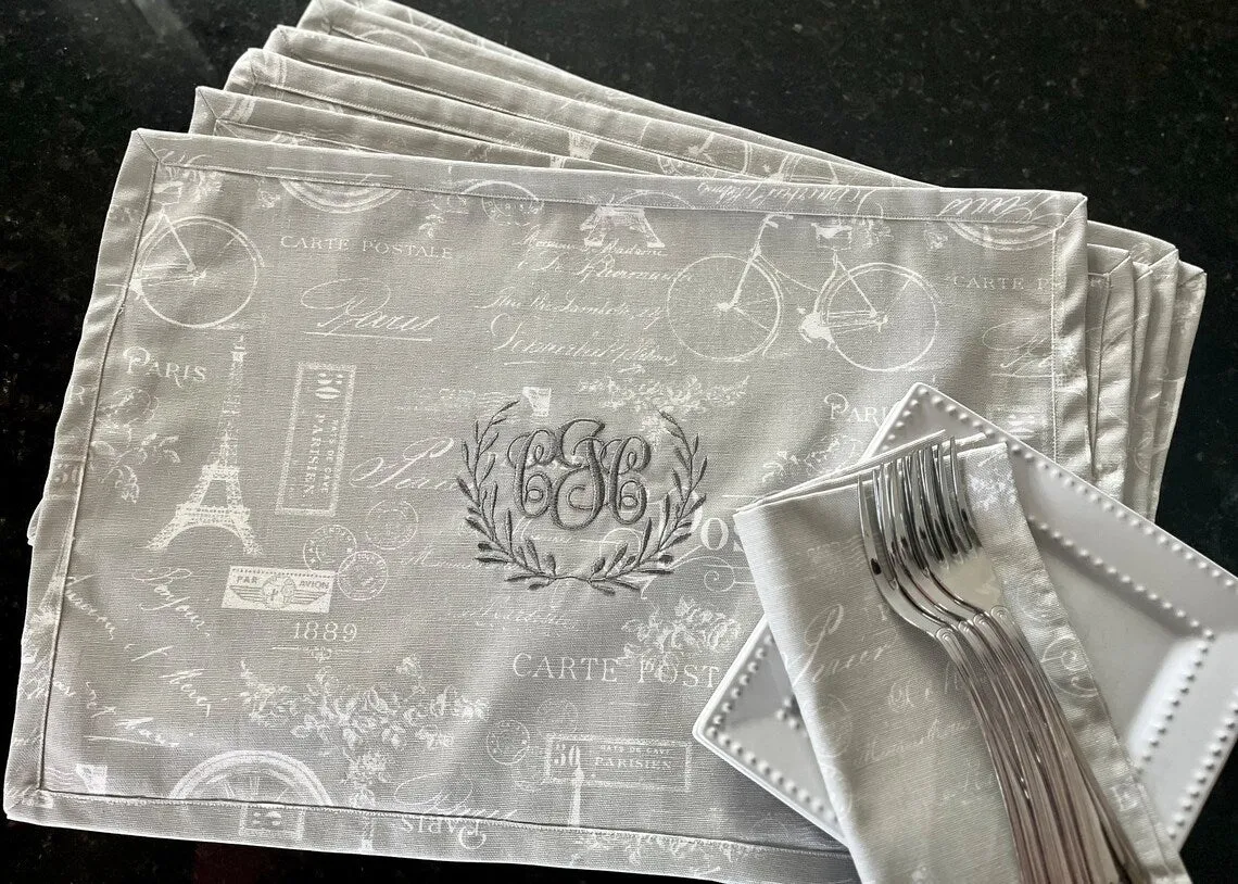 Custom Monogrammed Embroidered Placemat - Premium American Cotton - Holiday Easter Passover in pretty Paris Print