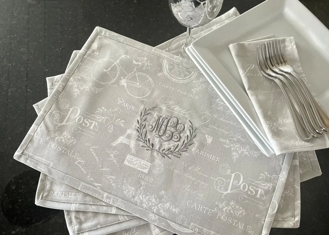Custom Monogrammed Embroidered Placemat - Premium American Cotton - Holiday Easter Passover in pretty Paris Print