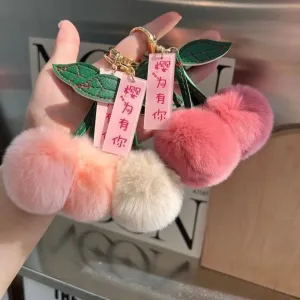 Cute Cherry Fluffy Rabbit Fur Ball Keychain 🍒✨ Kawaii Pompom Accessory for Bags & Keys! 🐇💕