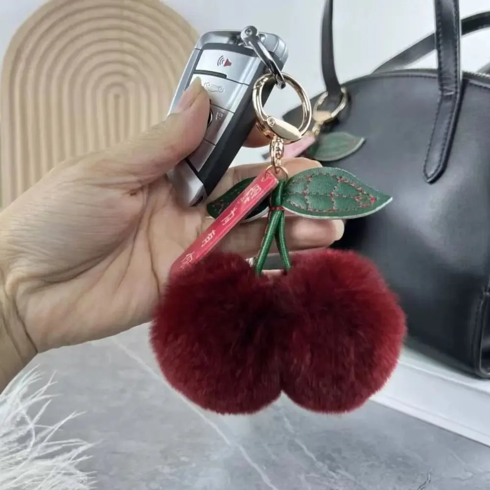 Cute Cherry Fluffy Rabbit Fur Ball Keychain 🍒✨ Kawaii Pompom Accessory for Bags & Keys! 🐇💕