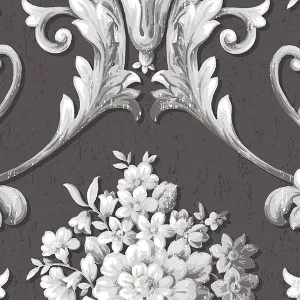 Dark Brown with Silver Bold Vintage Damask CS35625 Wallpaper