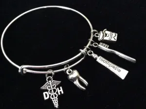 DH Dental Hygienist and 3D Silver Plated Tooth Charm, Floss, Toothpaste and Toothbrush on Expandable Adjustable Wire Bangle Bracelet Gift