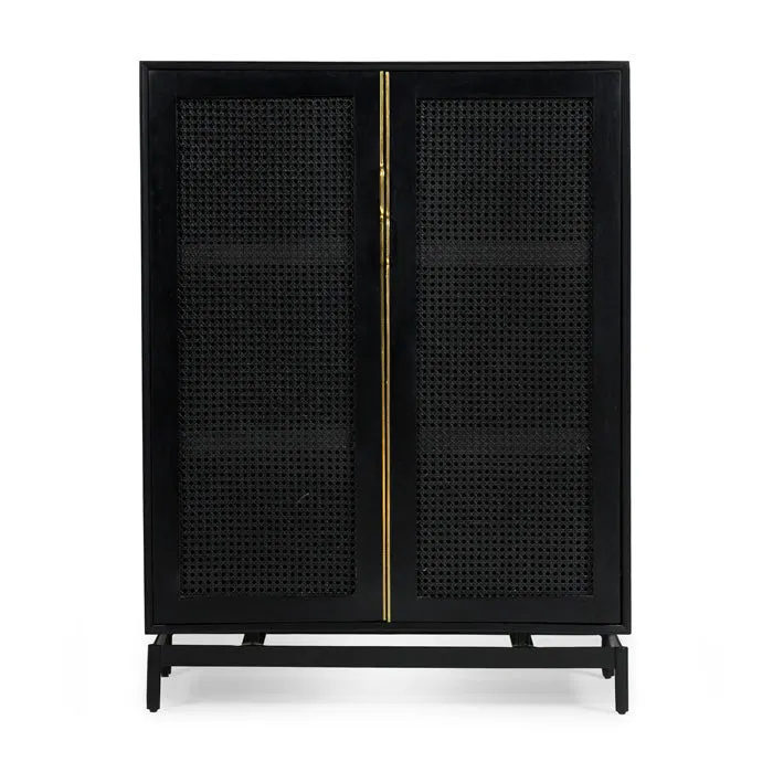 Elegant Woven-Cane Mini Cabinet - Charcoal