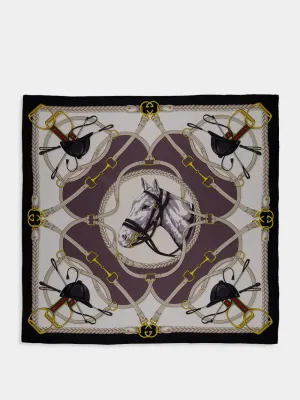 Equestrian Print Black Silk Scarf