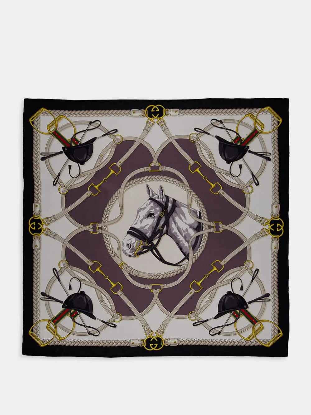 Equestrian Print Black Silk Scarf