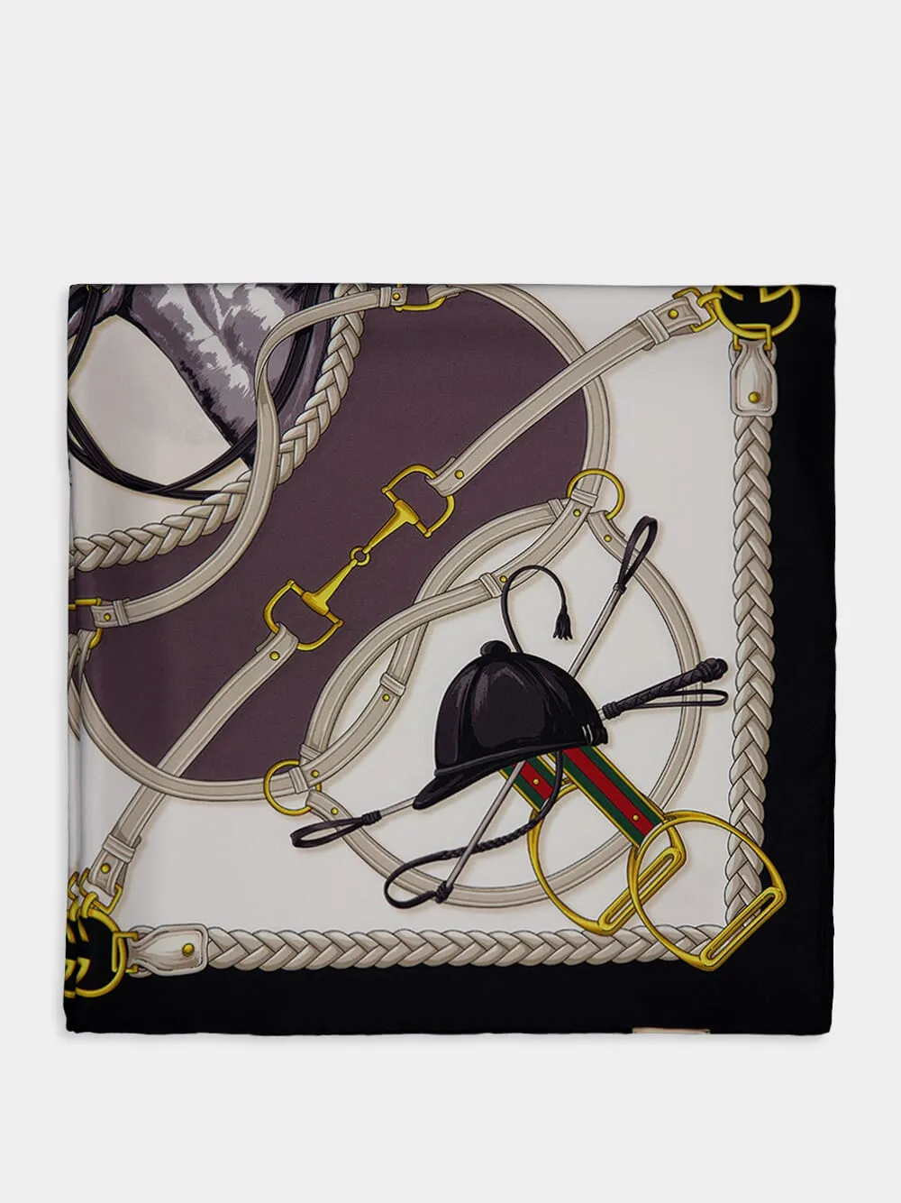 Equestrian Print Black Silk Scarf