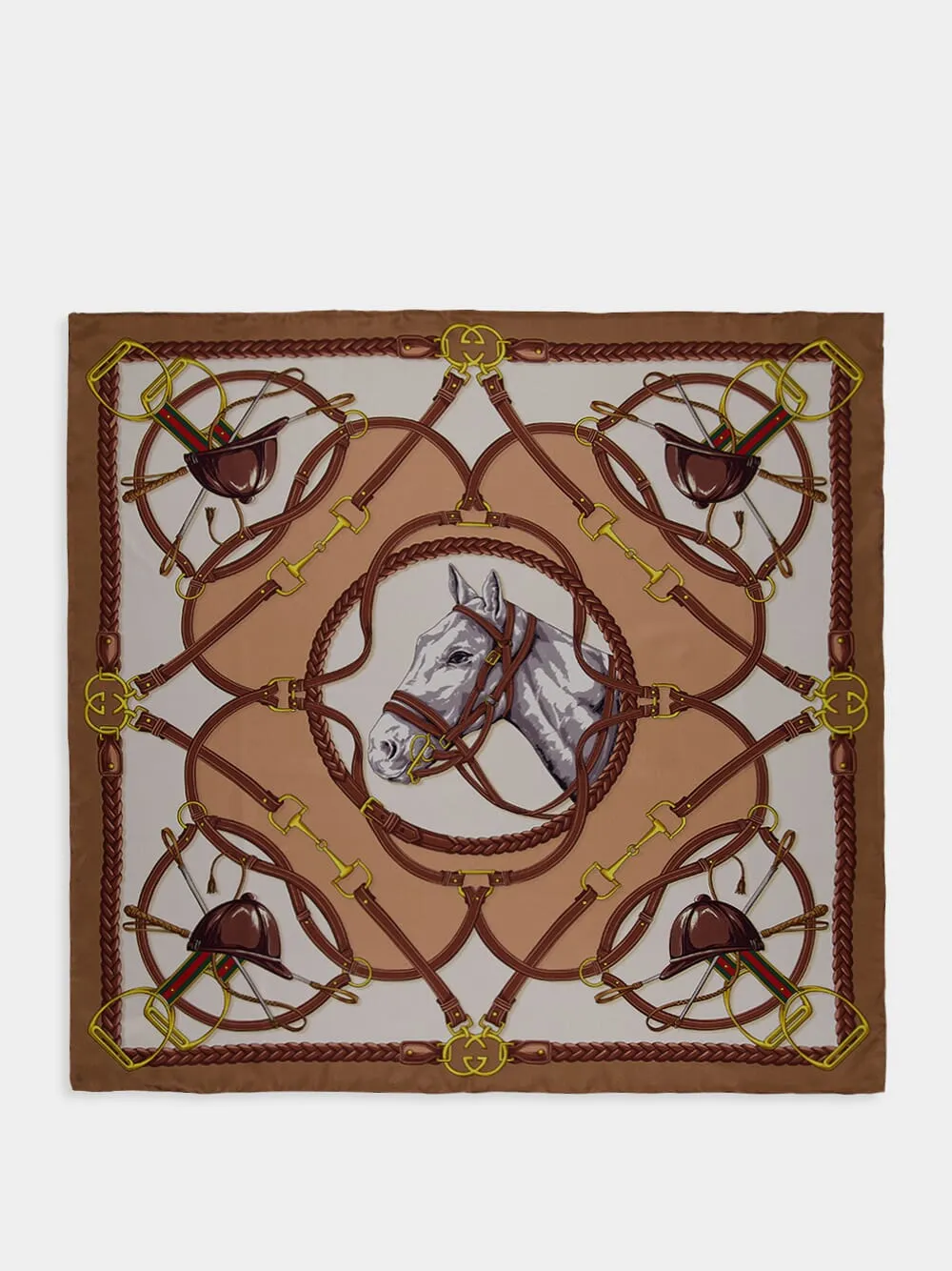 Equestrian Print Brown Silk Scarf