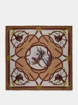 Equestrian Print Brown Silk Scarf