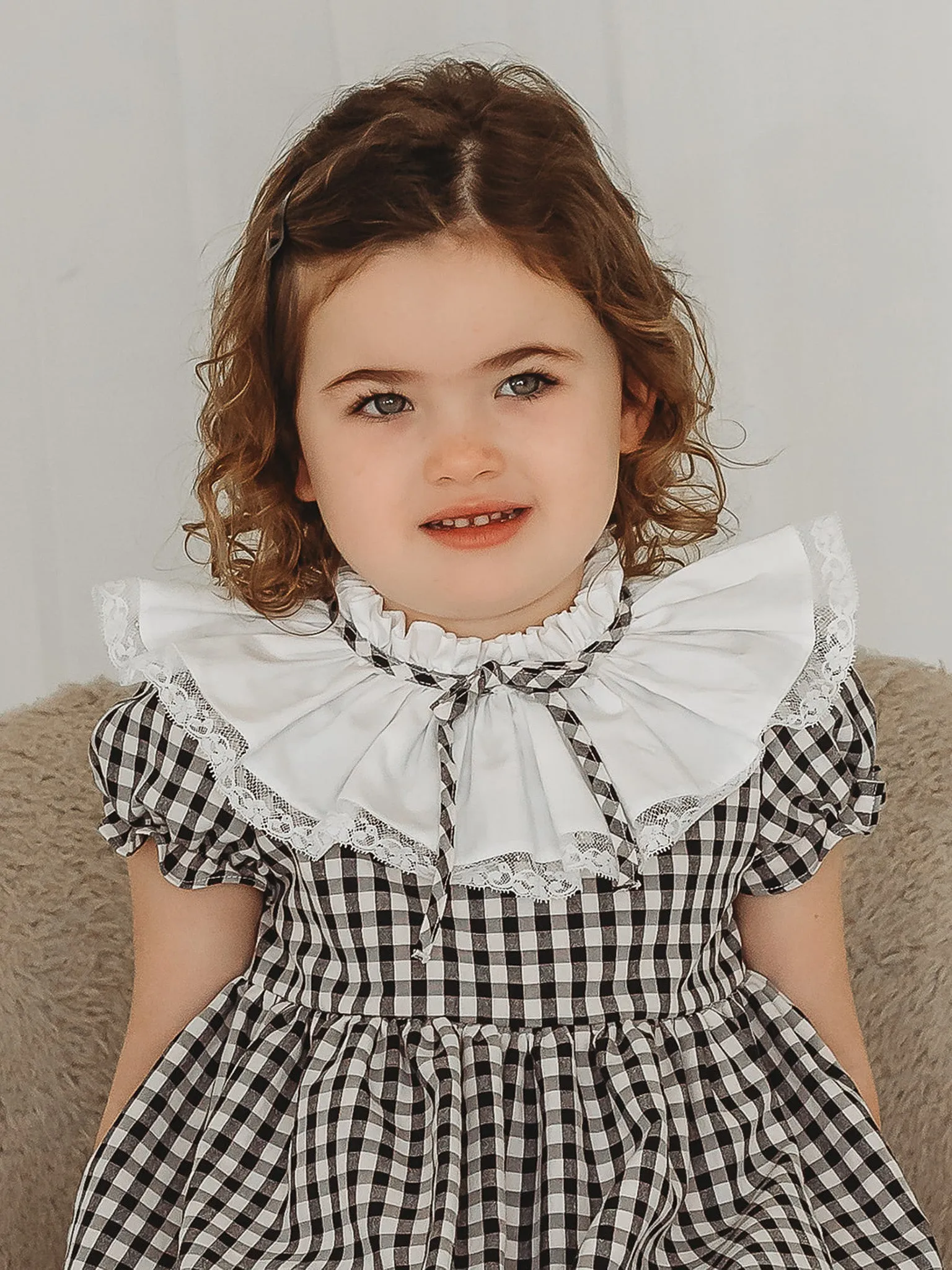 'Evie' Black and white gingham statement collar dress