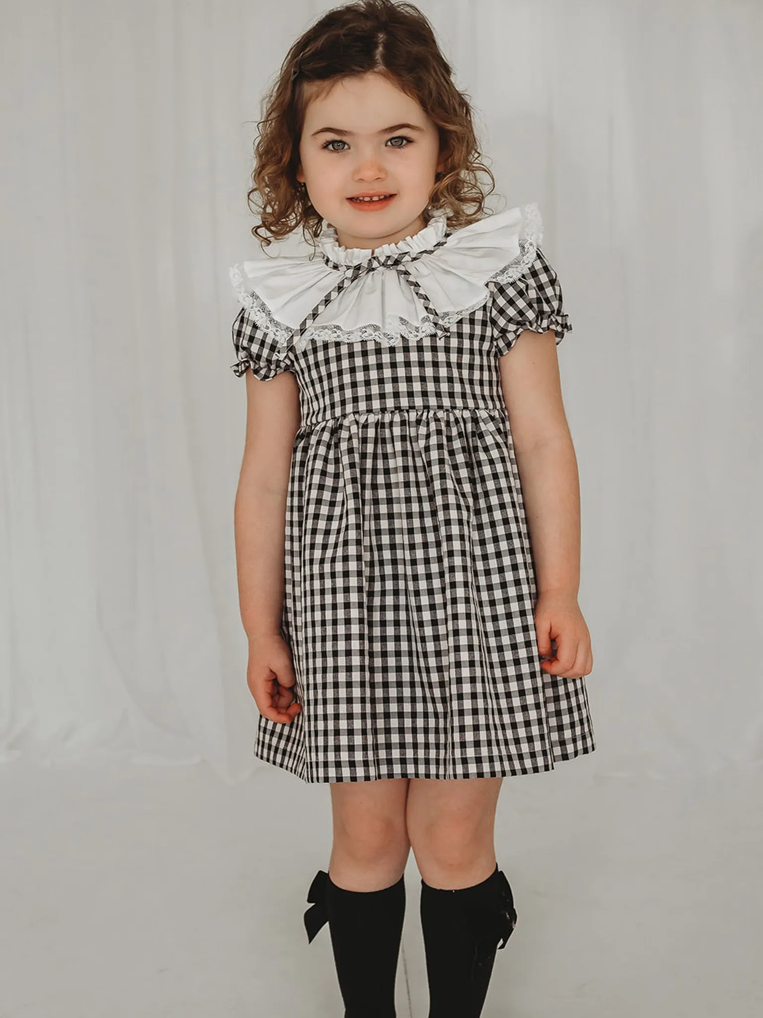 'Evie' Black and white gingham statement collar dress