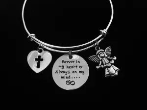 Forever In My Heart Always on My Mind Adjustable Bracelet Expandable Silver Charm Bracelet Bangle Memorial Gift Loss Loved One Remembrance Cross Guardian Angel