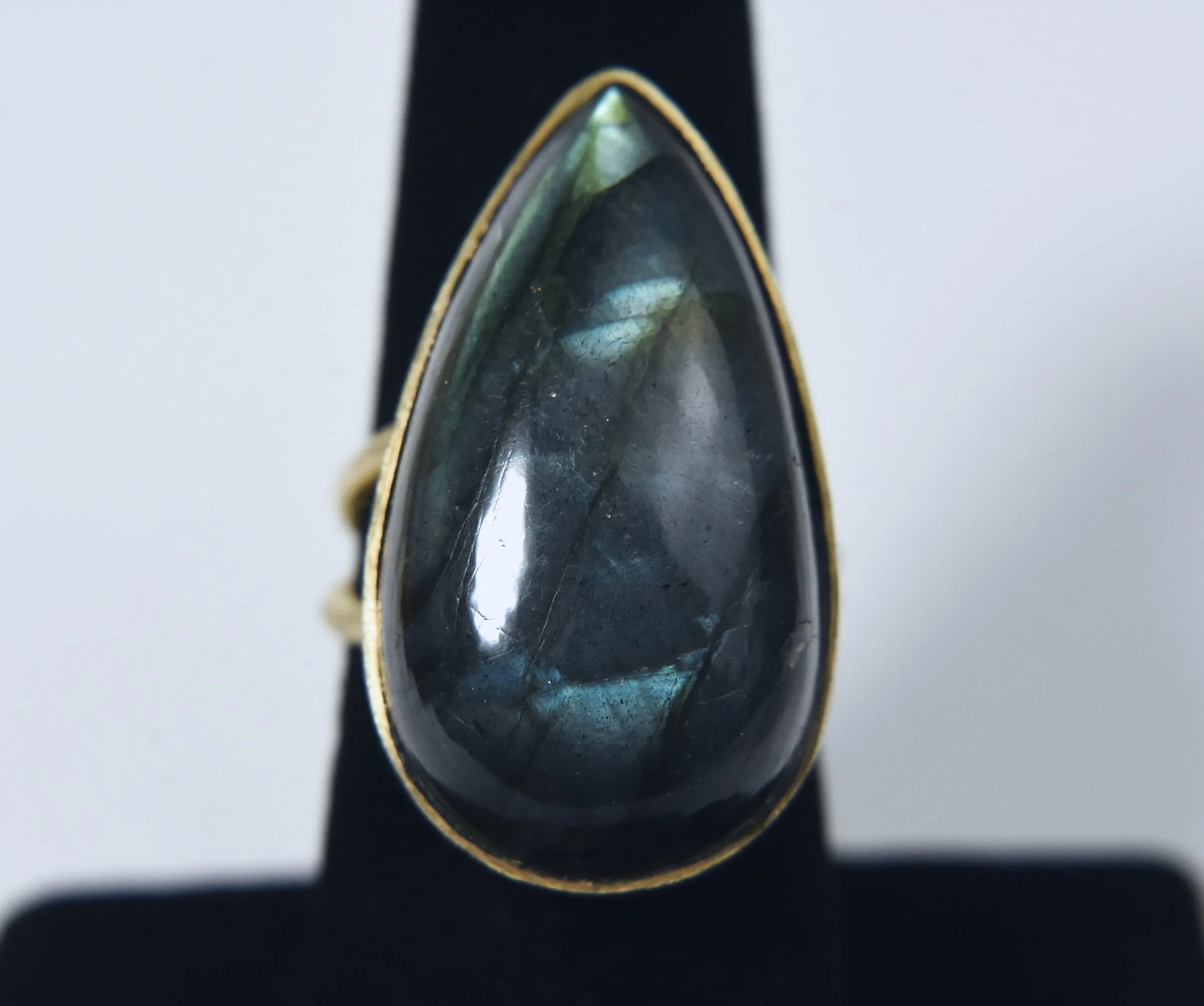 Gold Tone Pear Cut Labradorite Expandable Ring - Size 6.5 