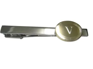Gold Toned Etched Oval Letter V Monogram Tie Clip