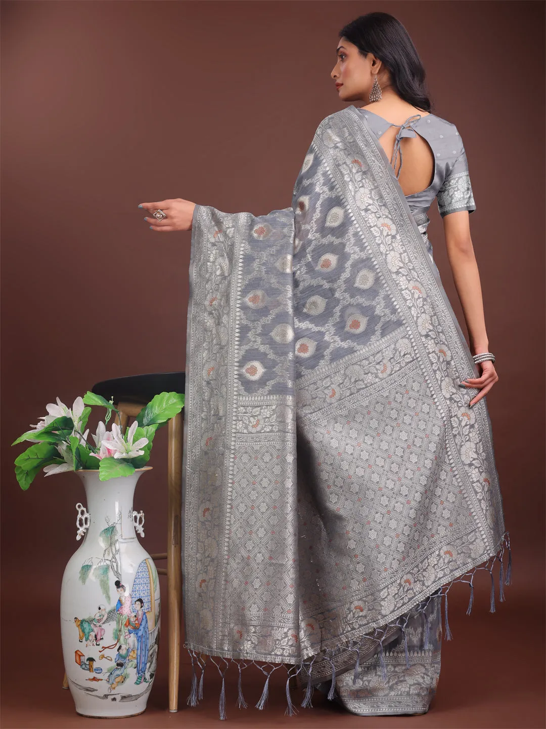 Gray Linen Cotton Saree