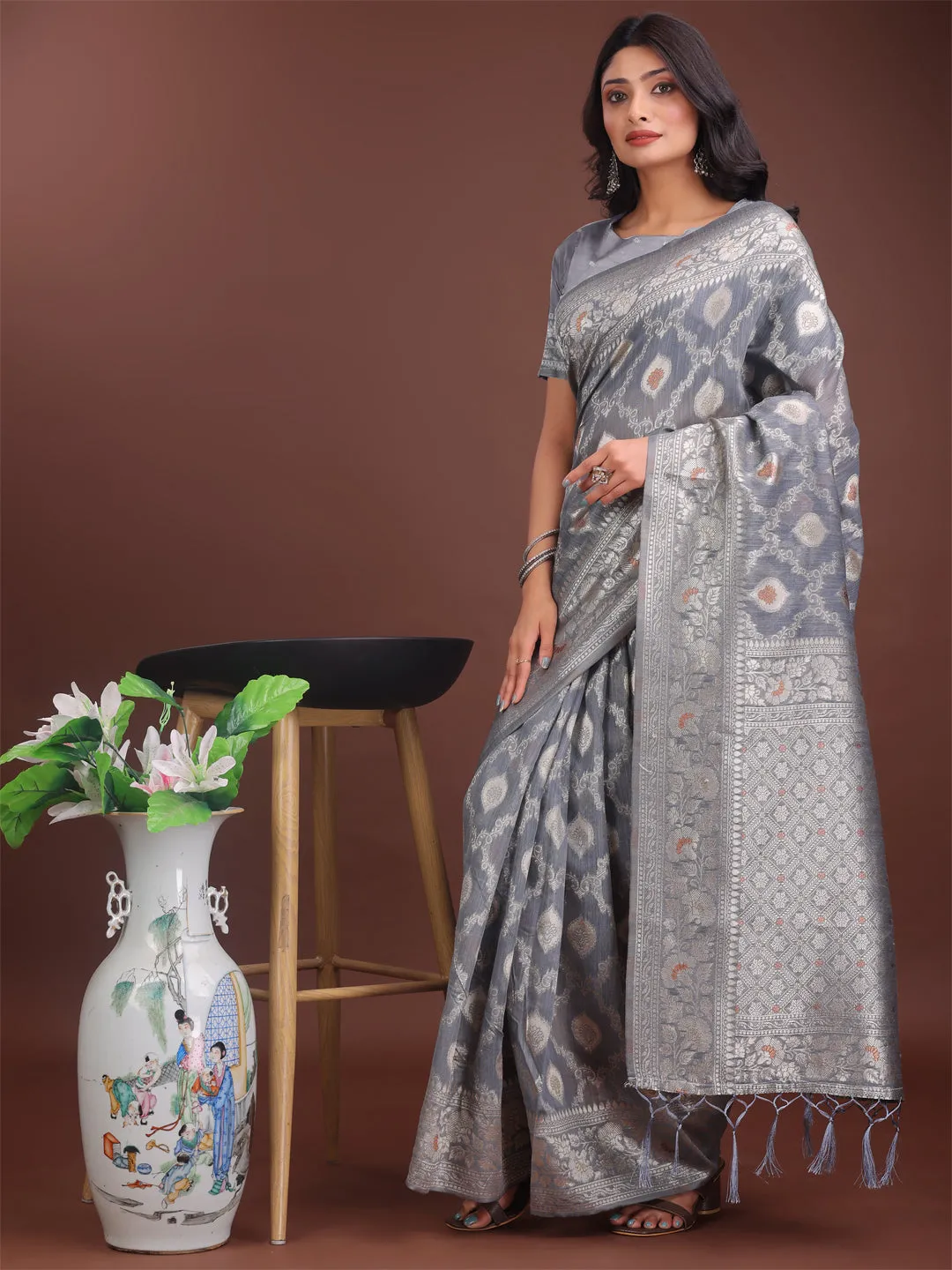 Gray Linen Cotton Saree