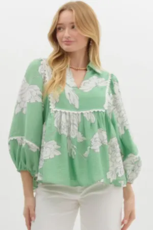 Green Floral 3/4 Sleeve Top, S-2XL