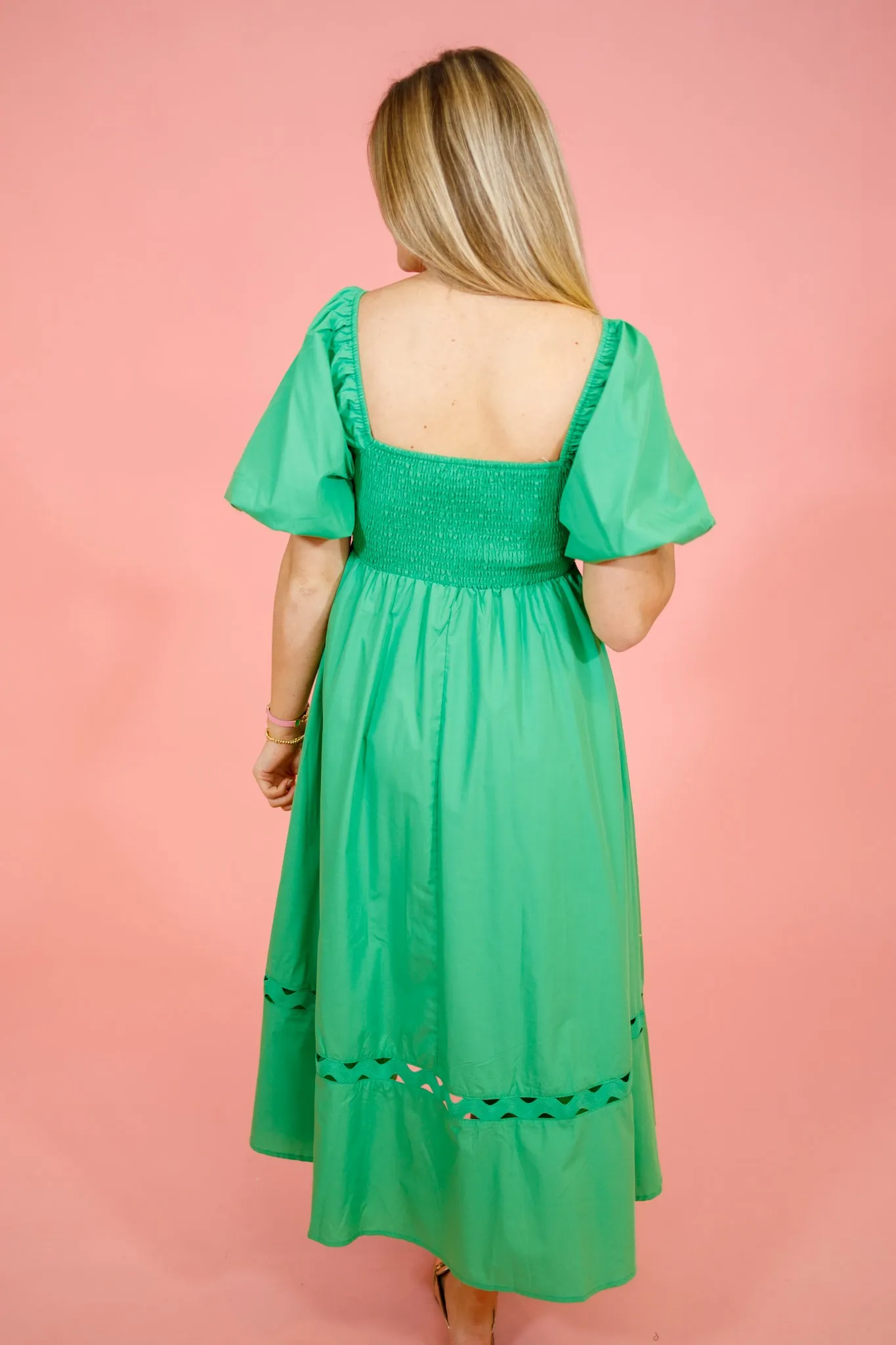 Green Open Ric Rac Trim Midi Dress