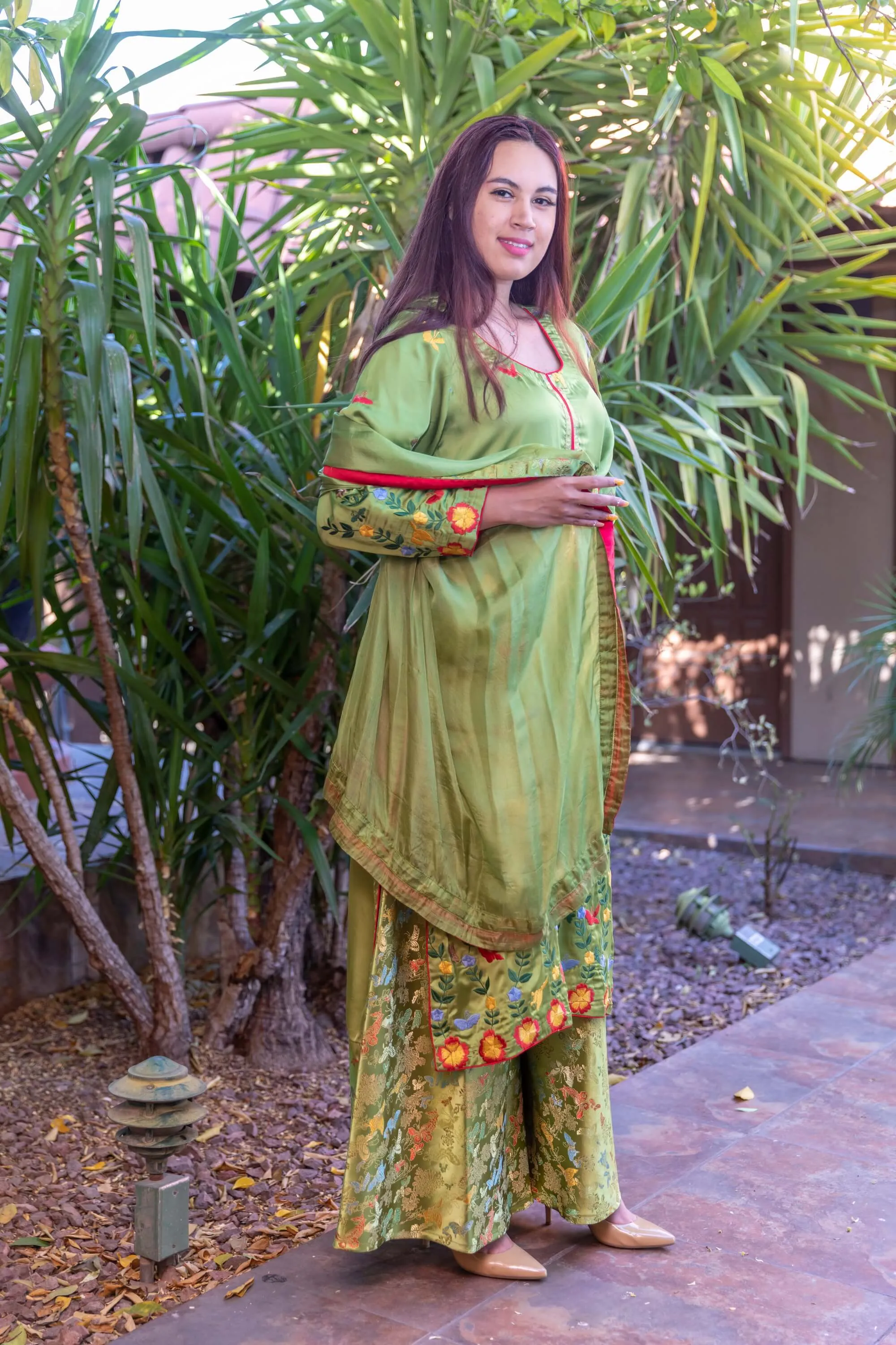 Green Silk Floral Salwar-Kameez Suit