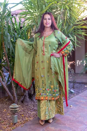 Green Silk Floral Salwar-Kameez Suit