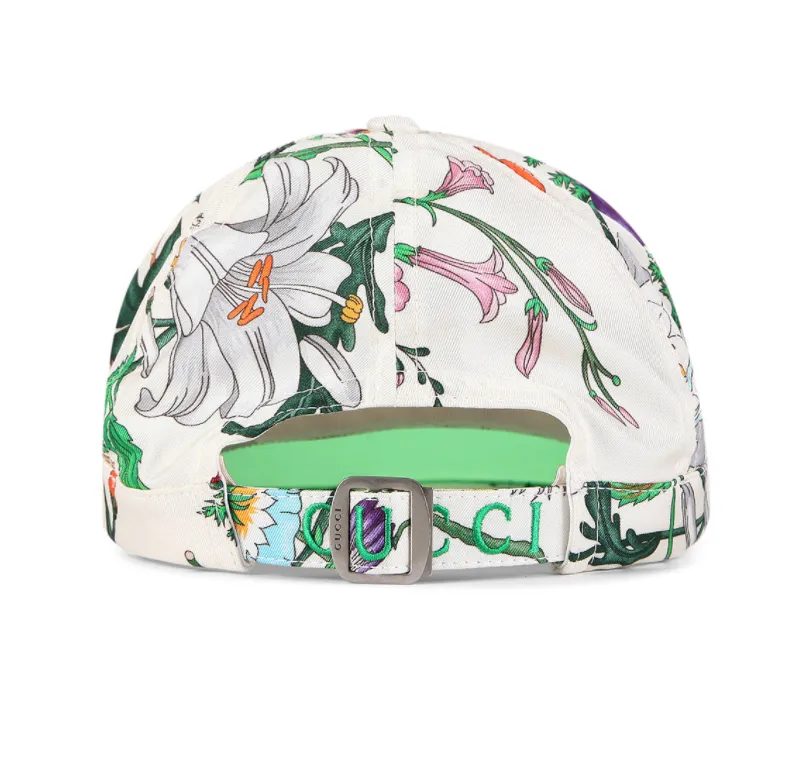 Gucci Flora Print Silk Hat with Reflective Visor in Green