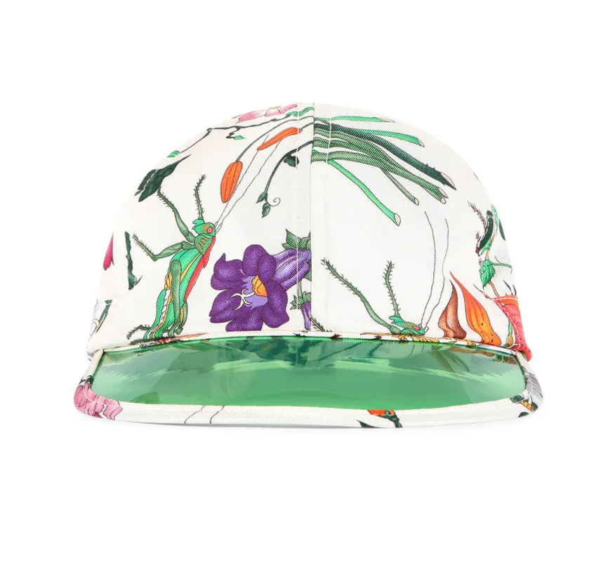 Gucci Flora Print Silk Hat with Reflective Visor in Green