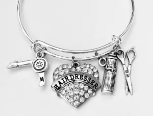 Hairdresser Stylist Scissors Hair Dryer Hairspray Adjustable Bracelet Beautician Silver Expandable Bangle Trendy Stacking Gift