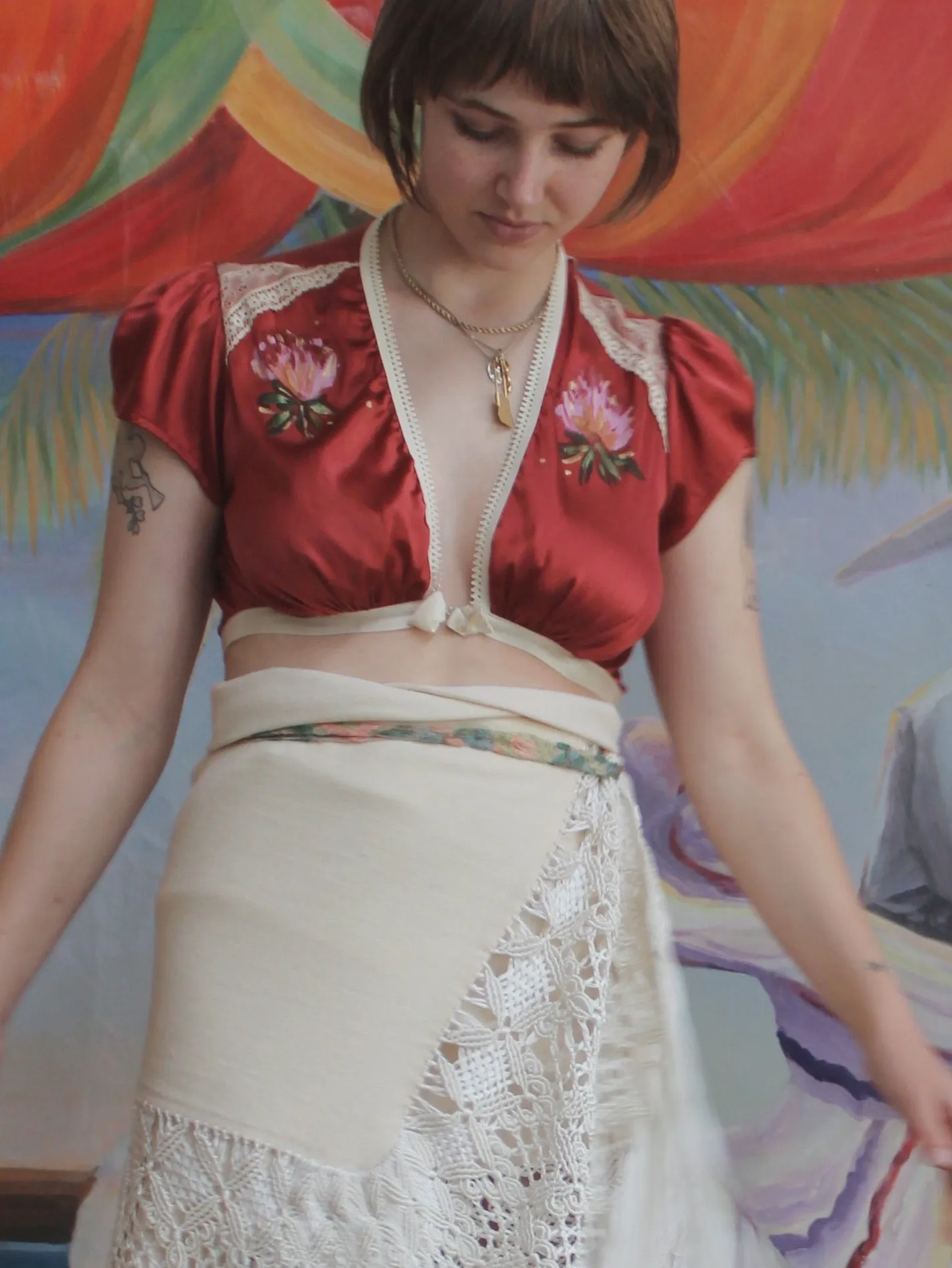 Hand Painted Cranberry Silk Cap Sleeve Crop Blouse Modern Does Vintage