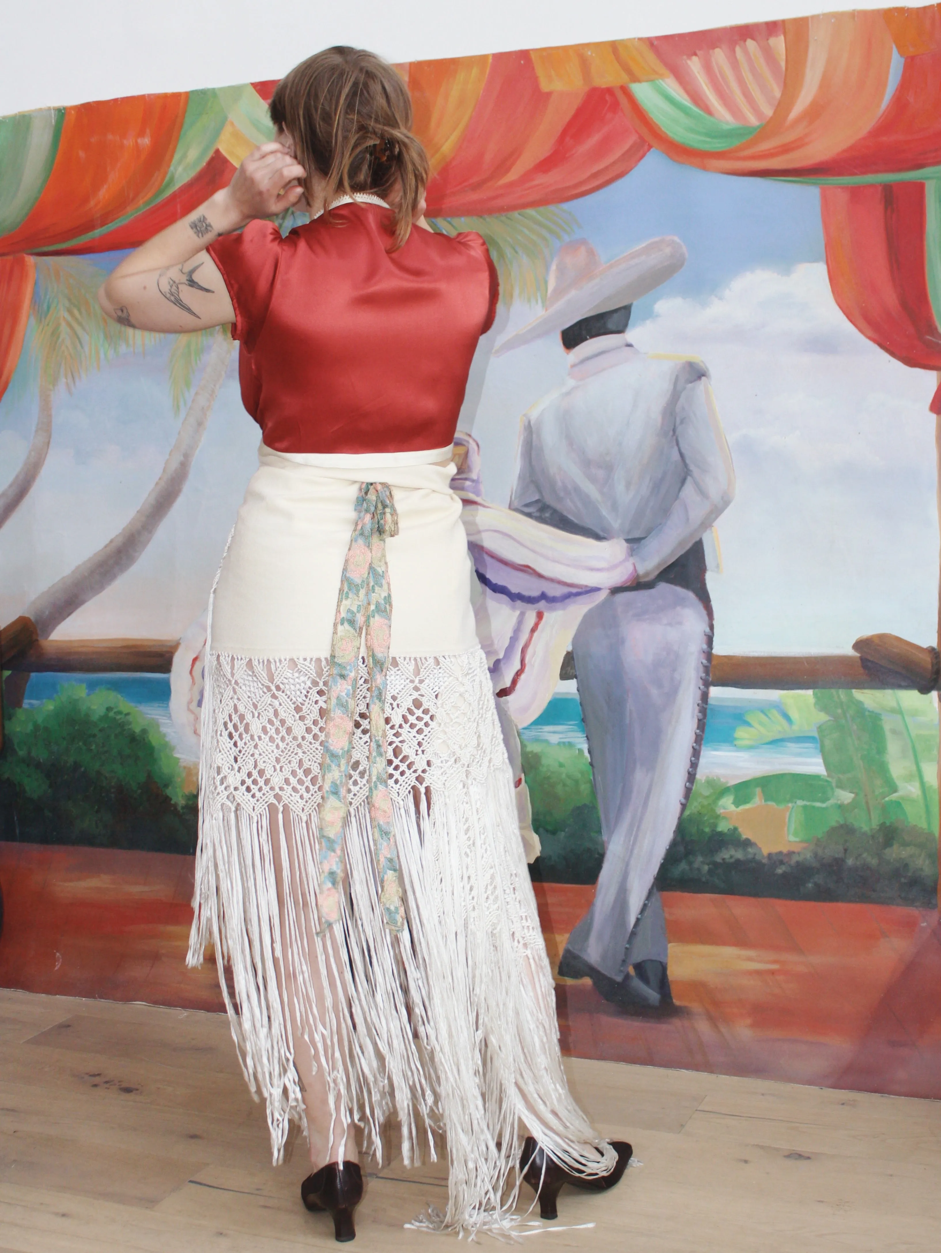 Hand Painted Cranberry Silk Cap Sleeve Crop Blouse Modern Does Vintage