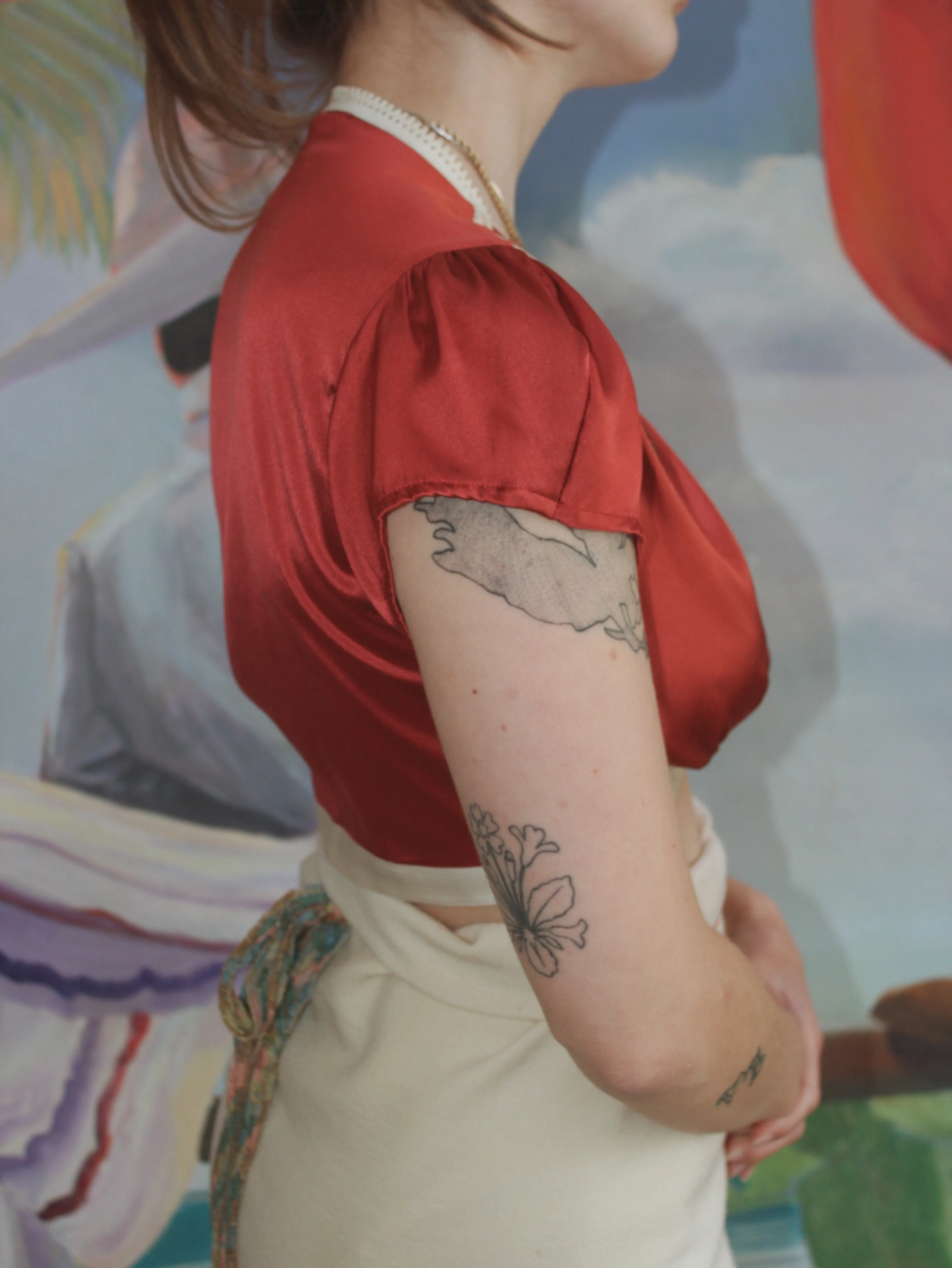 Hand Painted Cranberry Silk Cap Sleeve Crop Blouse Modern Does Vintage