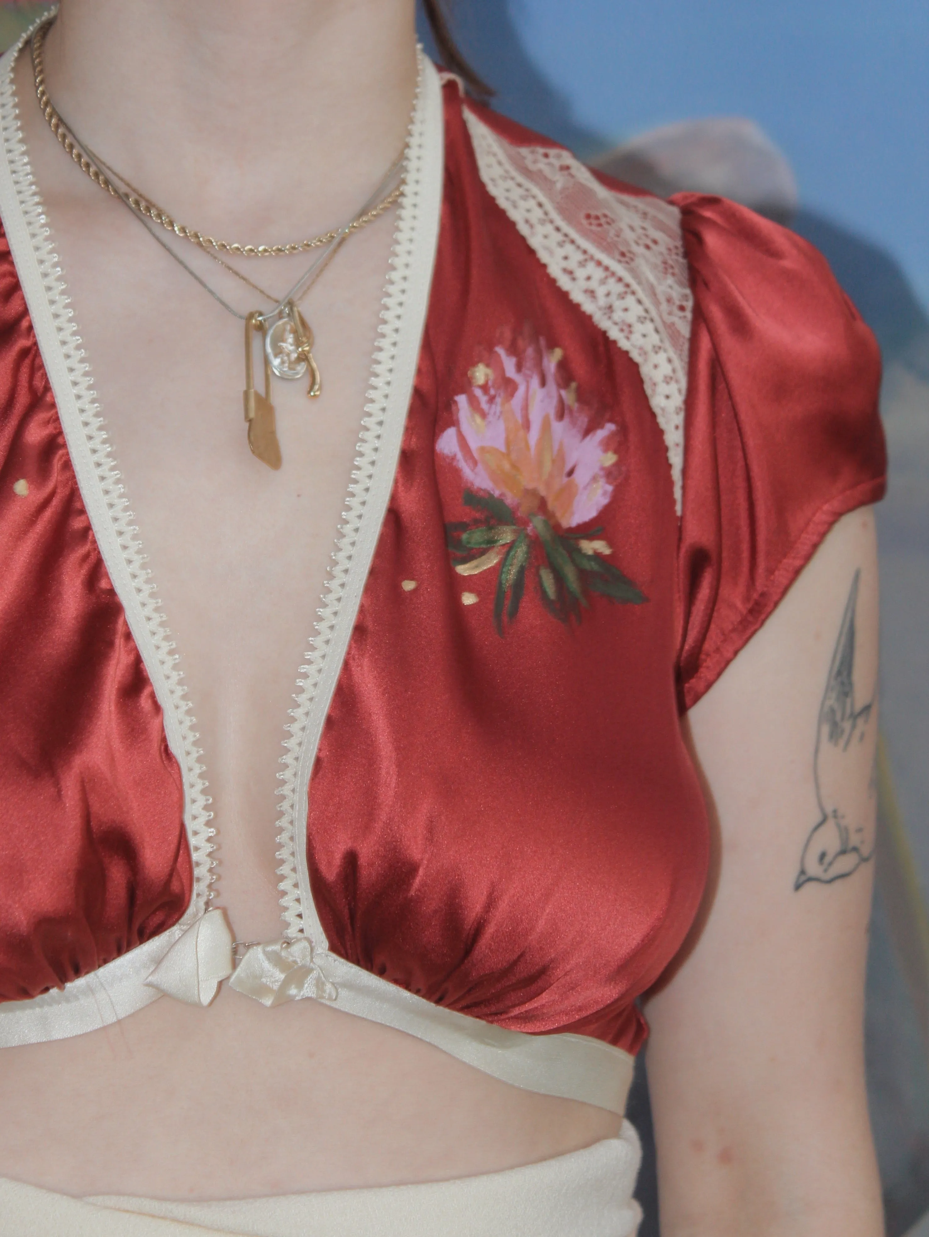 Hand Painted Cranberry Silk Cap Sleeve Crop Blouse Modern Does Vintage