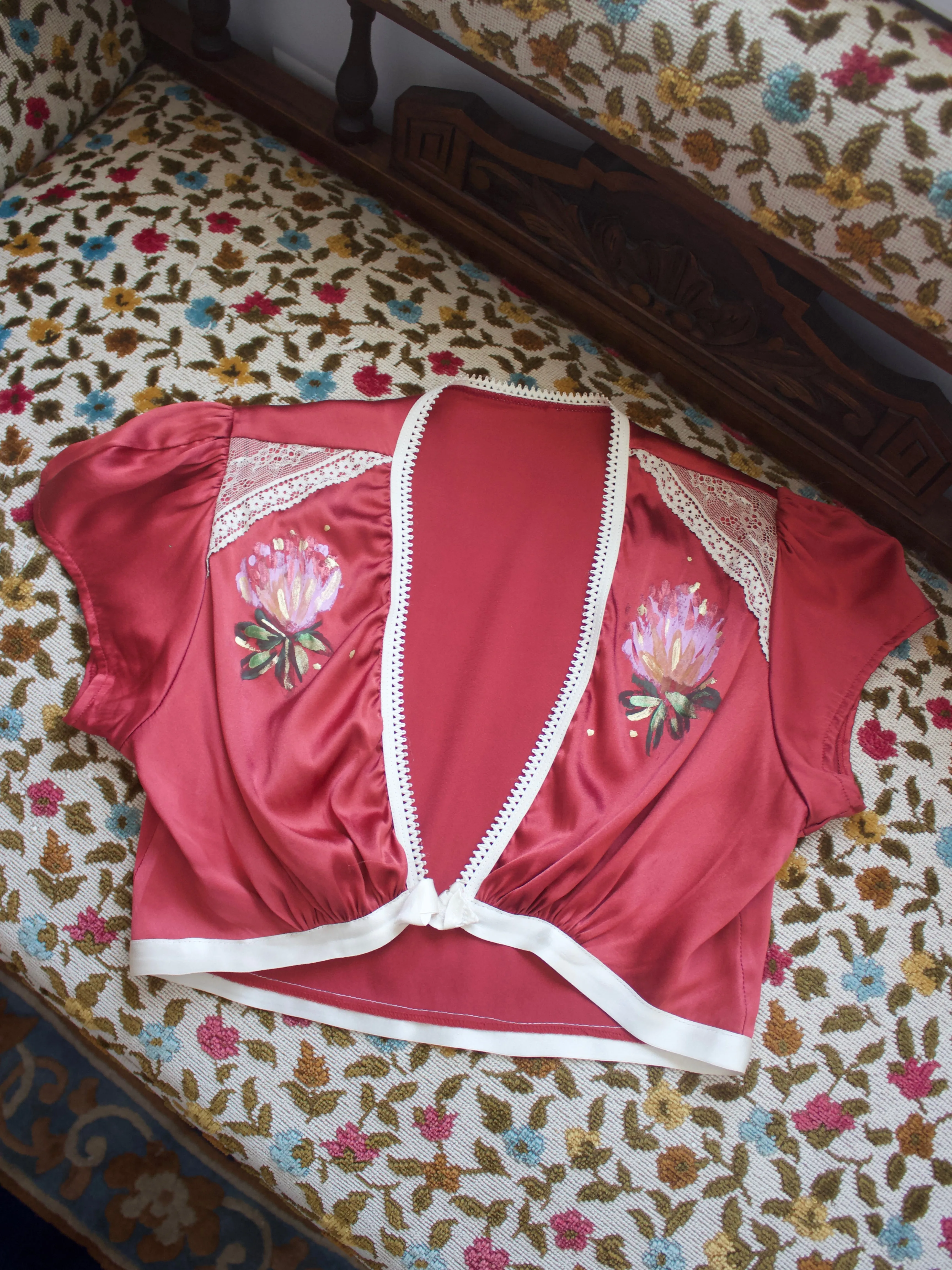 Hand Painted Cranberry Silk Cap Sleeve Crop Blouse Modern Does Vintage