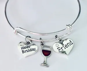 Happy Birthday Friend Wine glass Silver Expandable Charm Bracelet Adjustable Wire Bangle