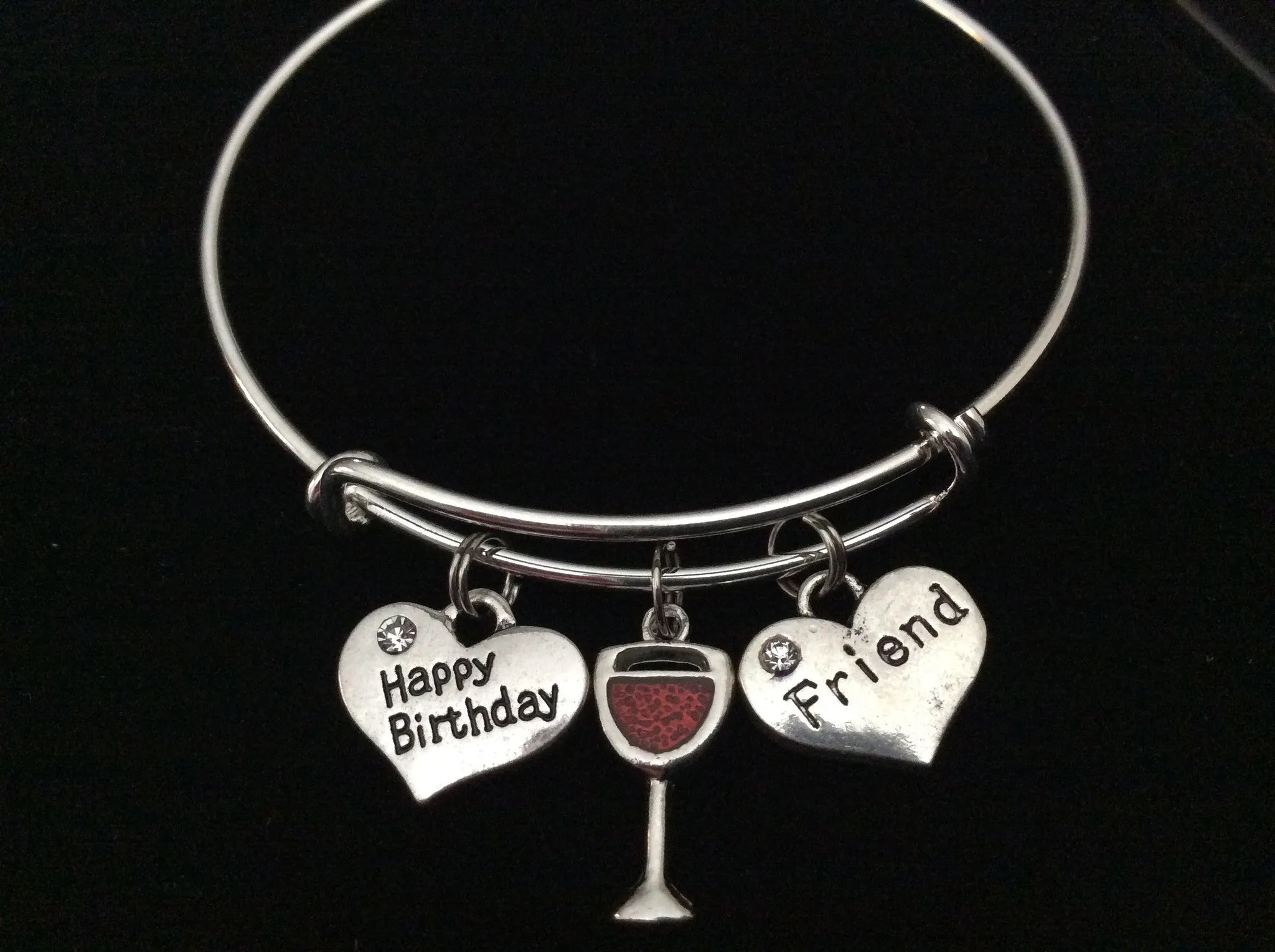 Happy Birthday Friend Wine glass Silver Expandable Charm Bracelet Adjustable Wire Bangle