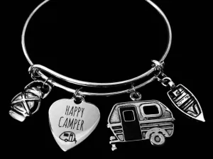 Happy Camper Adjustable Charm Bracelet Expandable Silver Adjustable Bangle Boating Camp Life One Size Fits All Gift