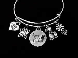 Happy Easter Charm Bracelet Silver Adjustable Expandable Bangle Gift Butterfly Daisy Easter Bunny Love You