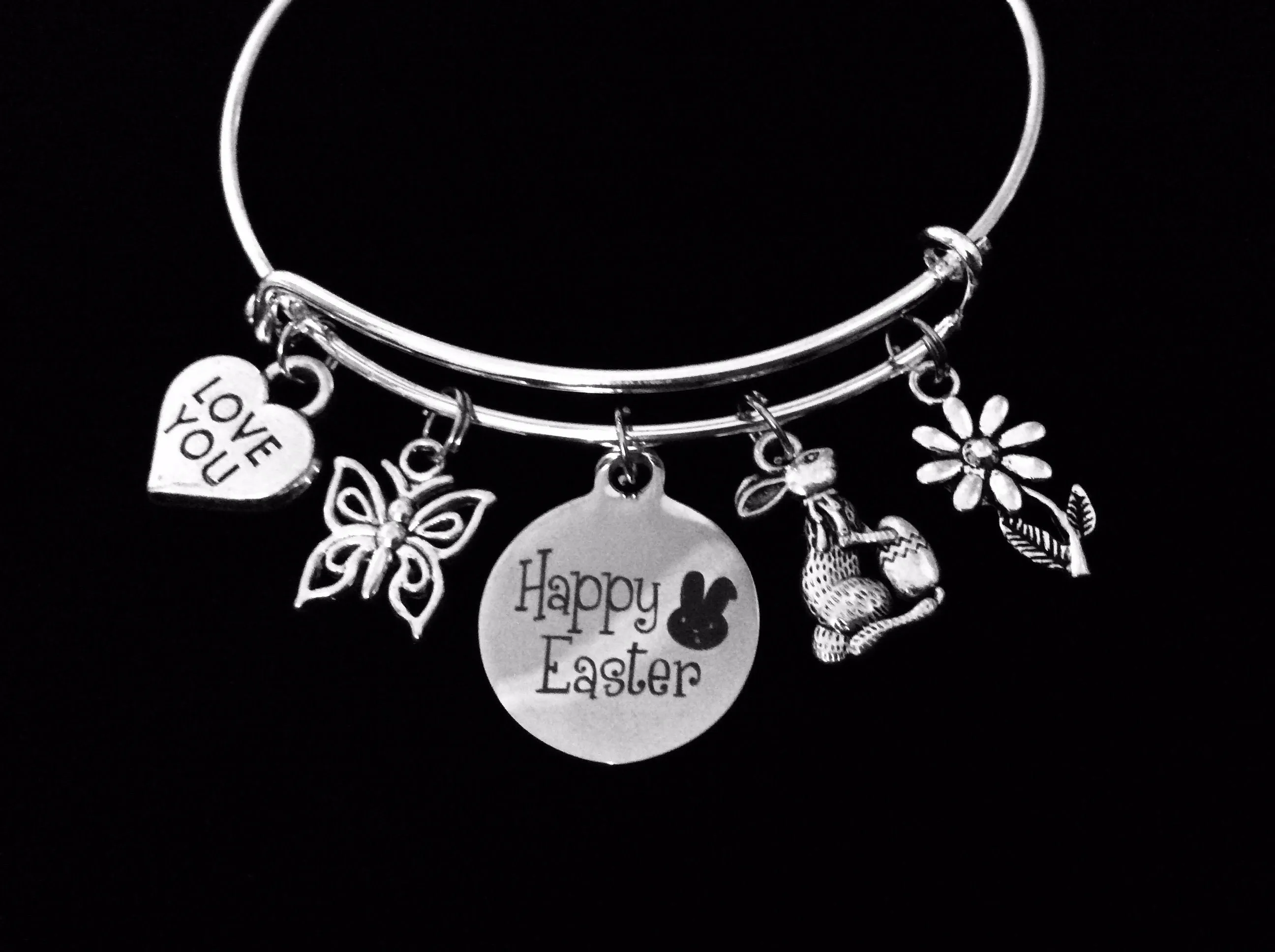 Happy Easter Charm Bracelet Silver Adjustable Expandable Bangle Gift Butterfly Daisy Easter Bunny Love You