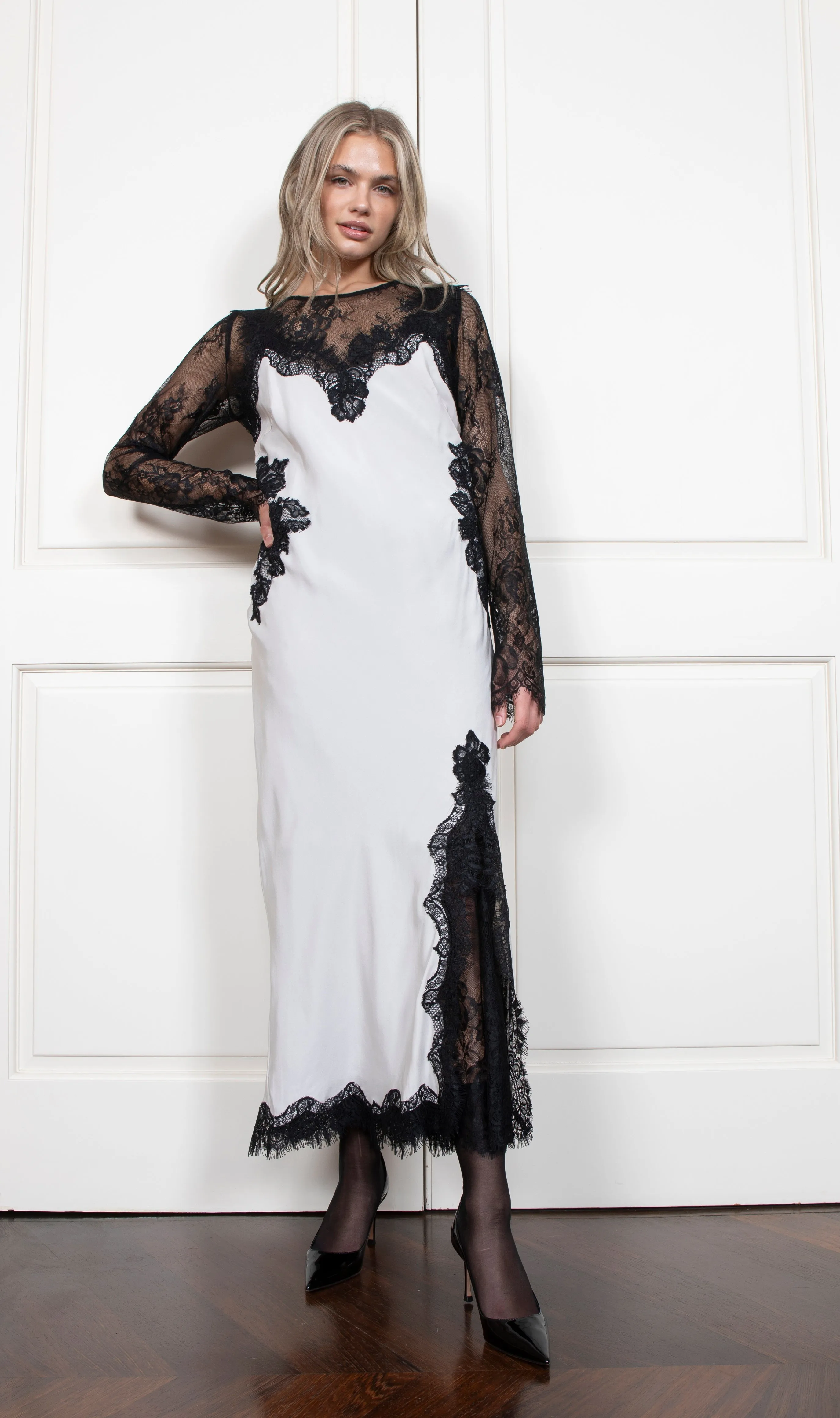 Harper Strap Long Bias Dress - Antique White/Black Lace