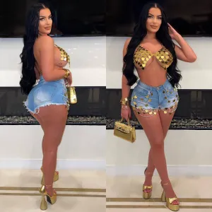 HDP32218P - HEART METAL TRIM DENIM SHORTS