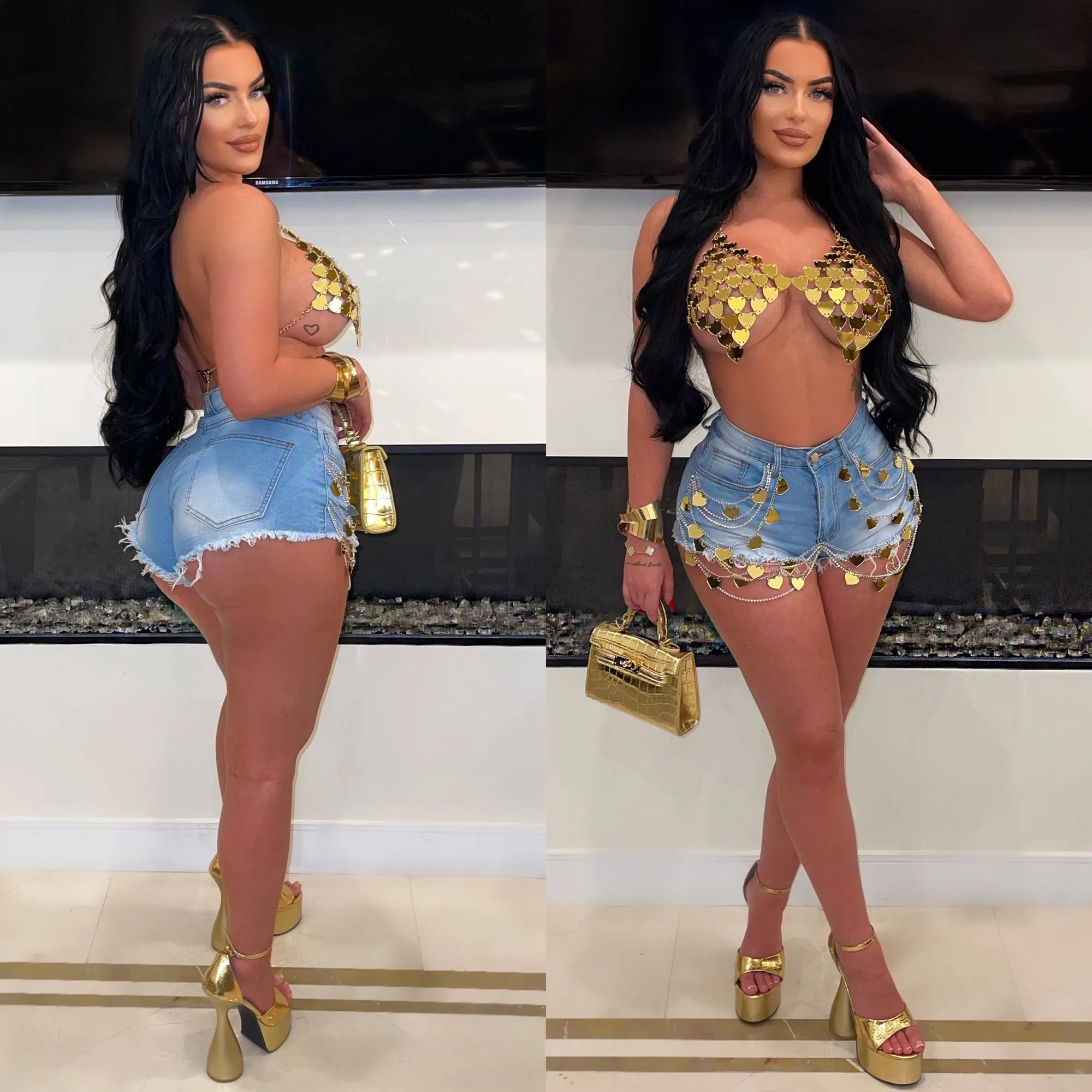 HDP32218P - HEART METAL TRIM DENIM SHORTS
