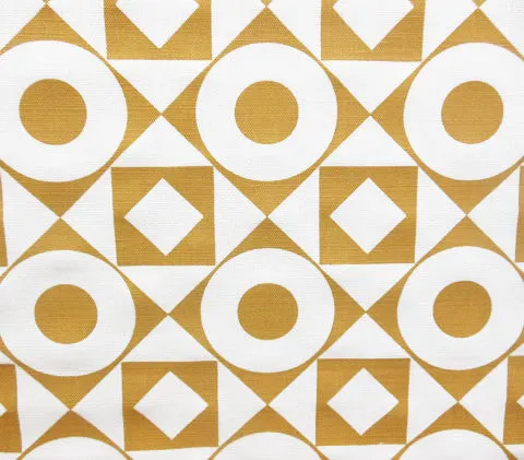 Home Couture Fabric: Circles & Squares Reverse - Custom Mustard on White Belgian Linen/Cotton