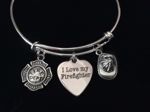 I Love My Firefighter Badge Expandable Charm Bracelet Adjustable Silver Wire Bangle Fireman's Wife Gift