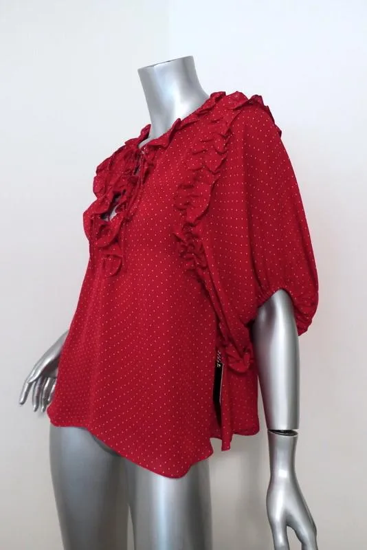 ICONS Lace-Up Blouse Red Polka Dot Print Silk Size Small Ruffle-Trim Top NEW