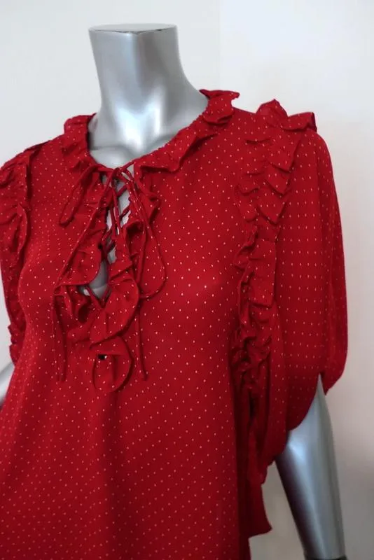 ICONS Lace-Up Blouse Red Polka Dot Print Silk Size Small Ruffle-Trim Top NEW